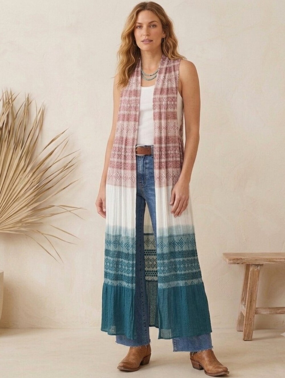 Sundance Woven Dip Dyed Longline Sleeveless Duster Cardigan - Size Medium